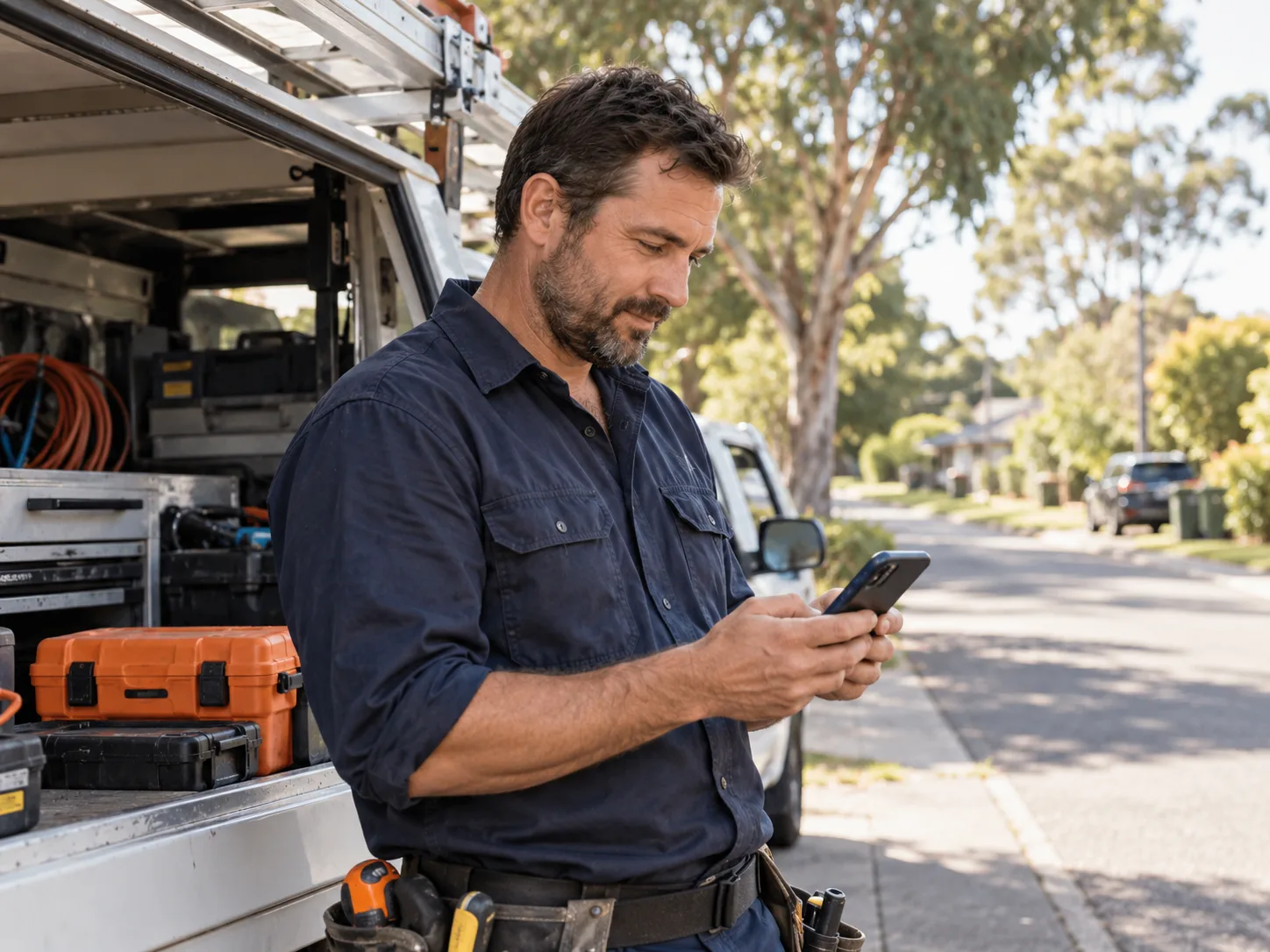 Illustration of a tradie checking his phone beside a work ute on a suburban street.